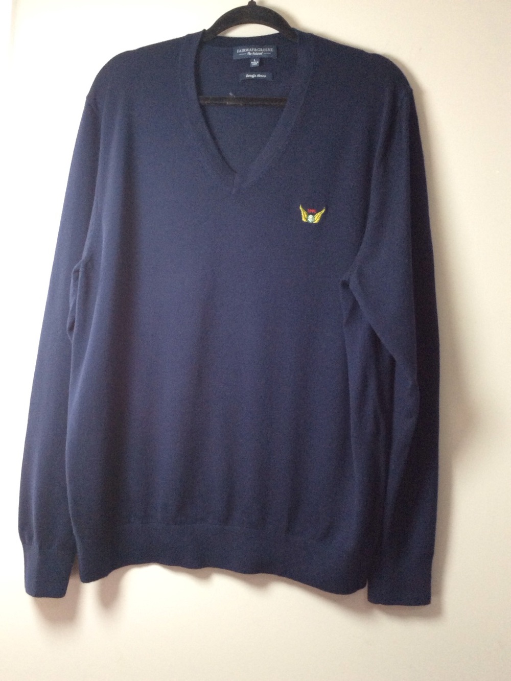Fairway & Greene  Baruffa Merino Wool Navy V-Neck Sweater Logo 
Sz L Men